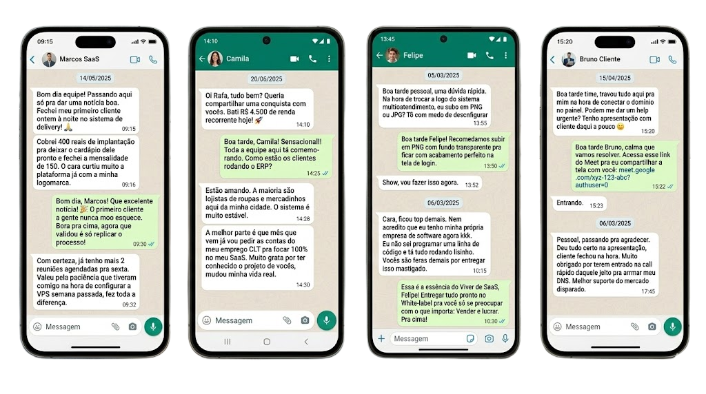 Quatro conversas reais de WhatsApp com clientes da Smart Sistemas contando seus resultados